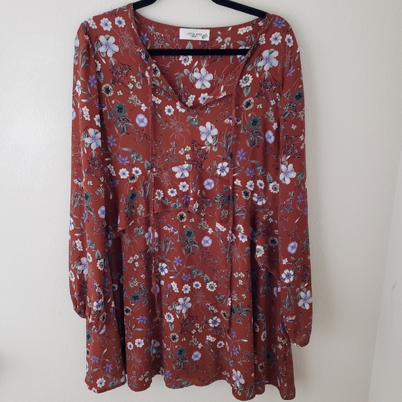 Carly Jean Los Angeles Dresses & Skirts - CARLYJEAN Rust Boho Floral Tiered Swing Dress